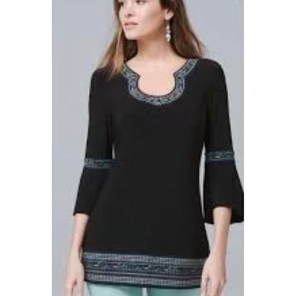 Black tunic style peasant top w/bell sleeves & teal ribbon trim size Large - Picture 1 of 11